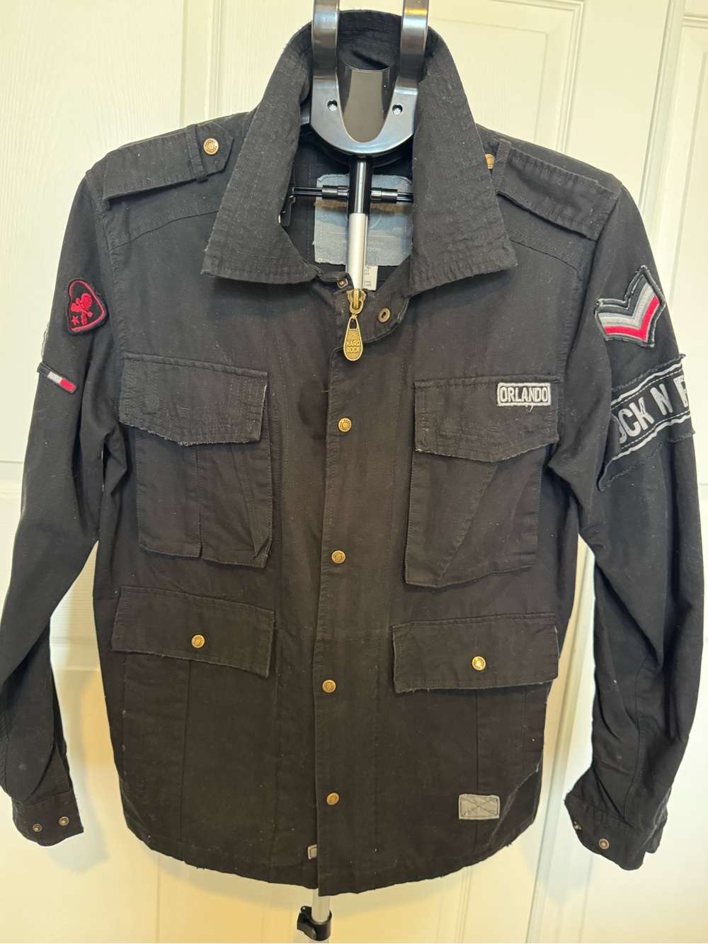 Hard Rock Cafe Black Military-Style Field Jacket with Patch Accents